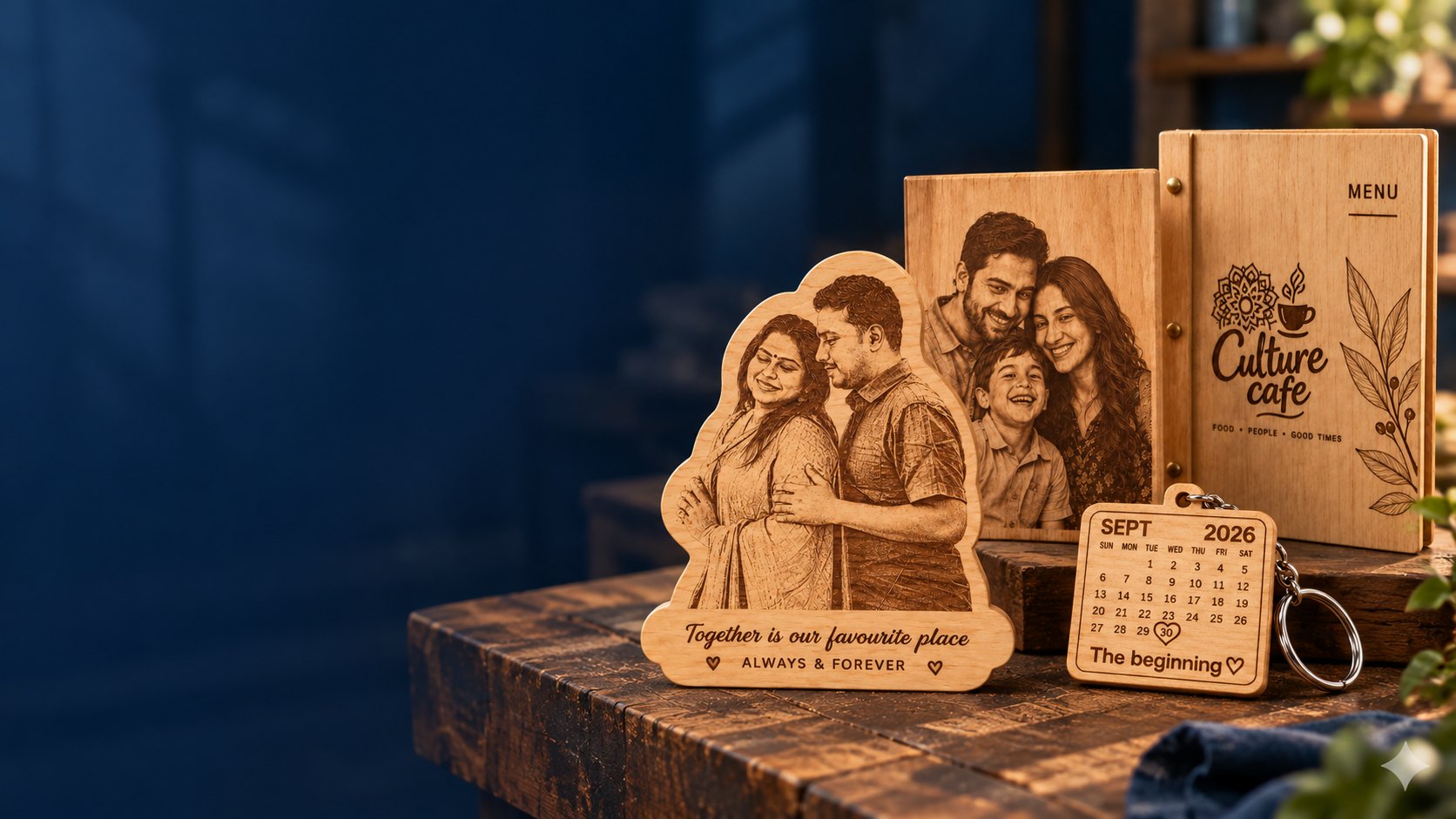 A collection of engraved wooden photo portraits, a personalised keytag and a restaurant menu