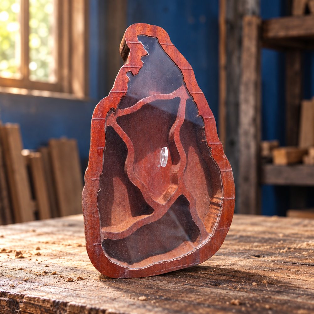 Sri Lanka-shaped wooden display with fitted compartments
