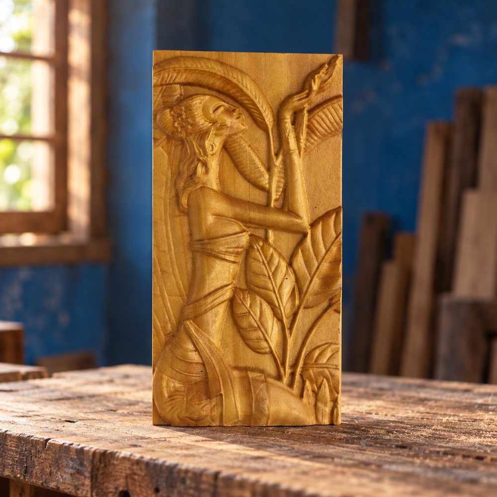 Wooden wall panel carved with a figure and foliage
