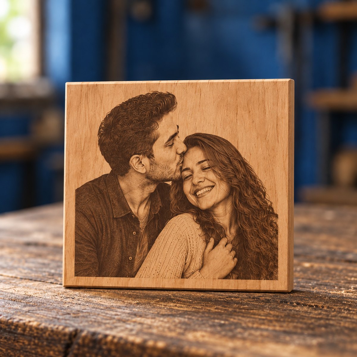 Personalised engraved wooden couple portrait