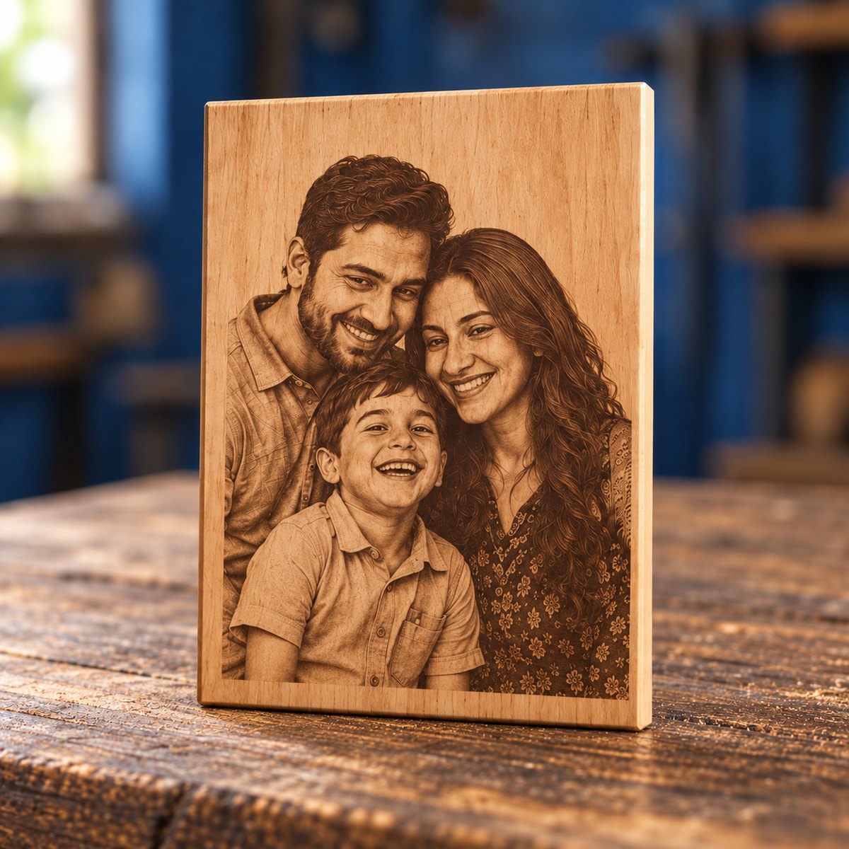 Personalised engraved wooden family portrait