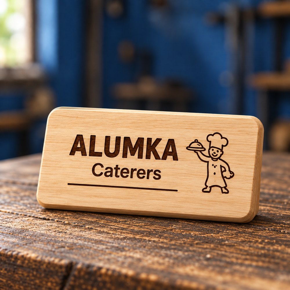 Engraved ALUMKA Caterers wooden nameplate